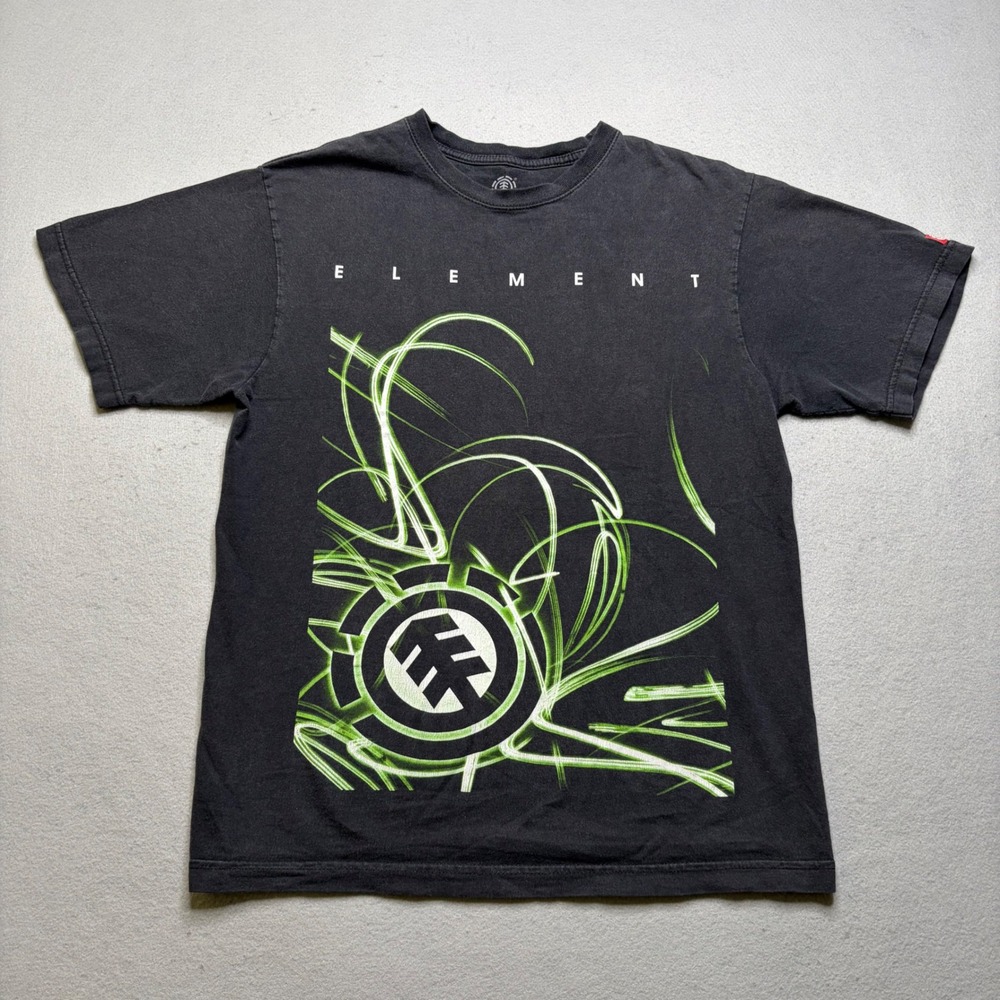 Element T-Shirt Mens M Black Neon Green Graphic Organic Cotton Vintage Y2K Skate